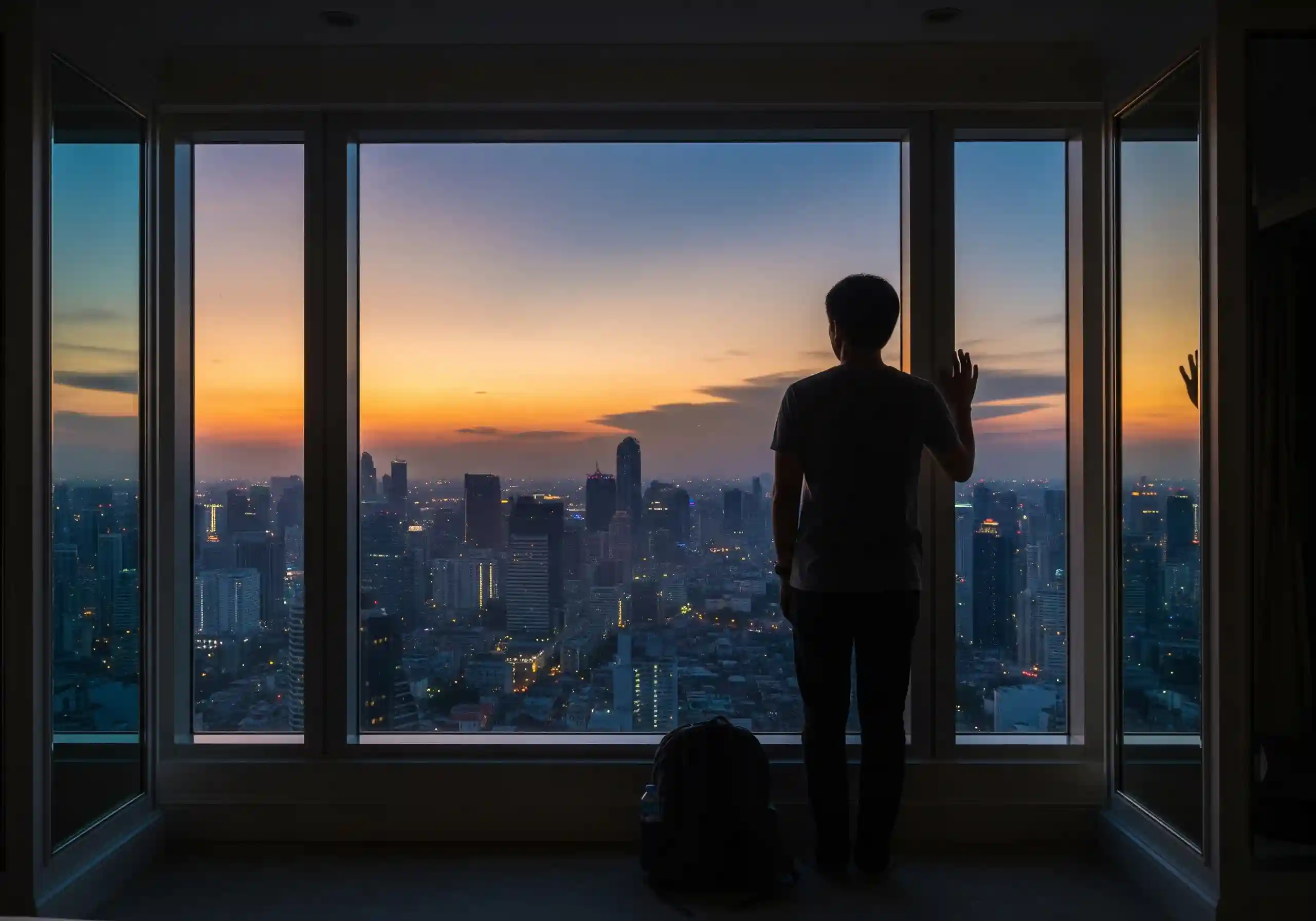 A serene view of the Bangkok city skyline from a hotel room at dusk.