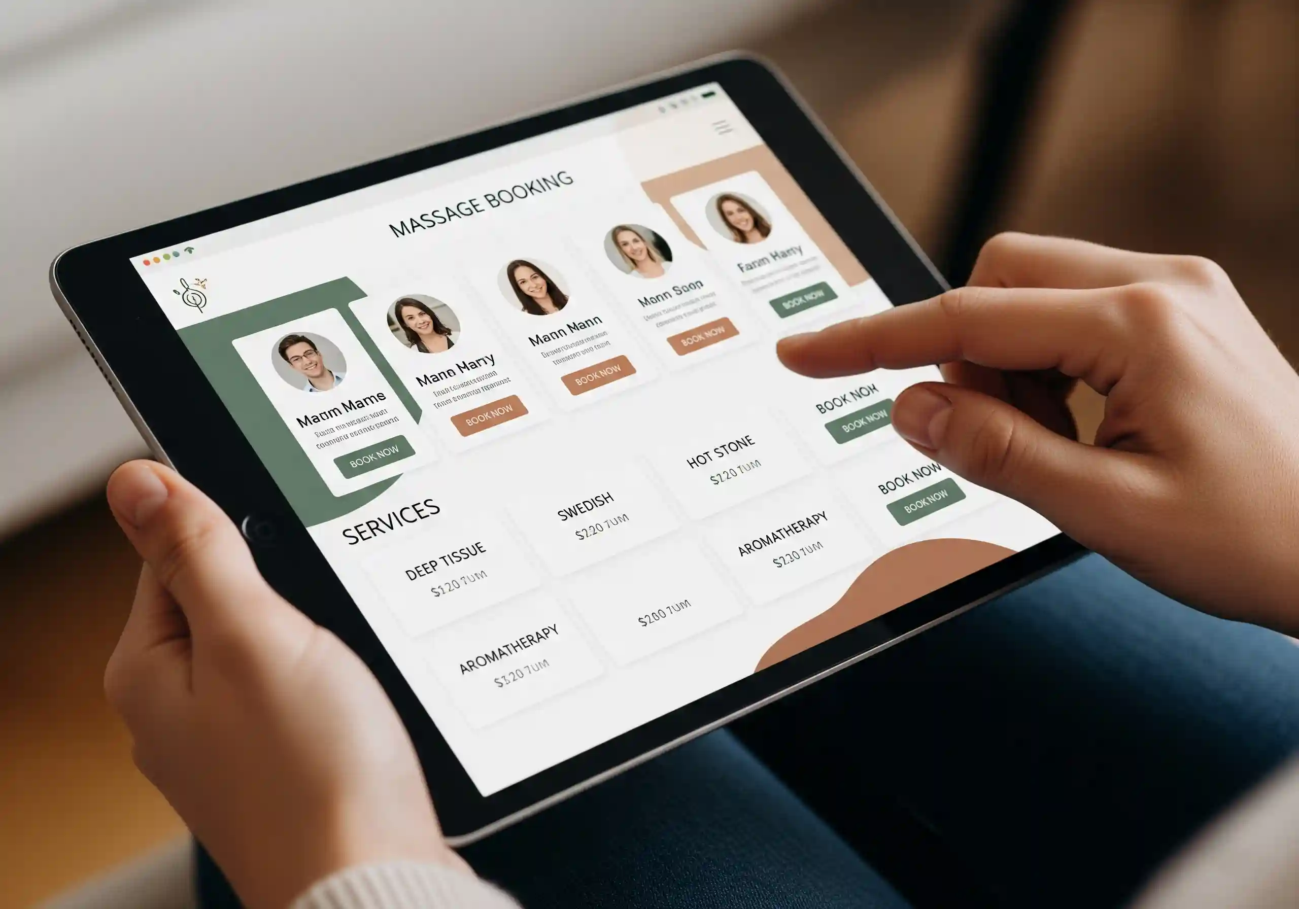 Hands browsing a professional massage booking website on a tablet.