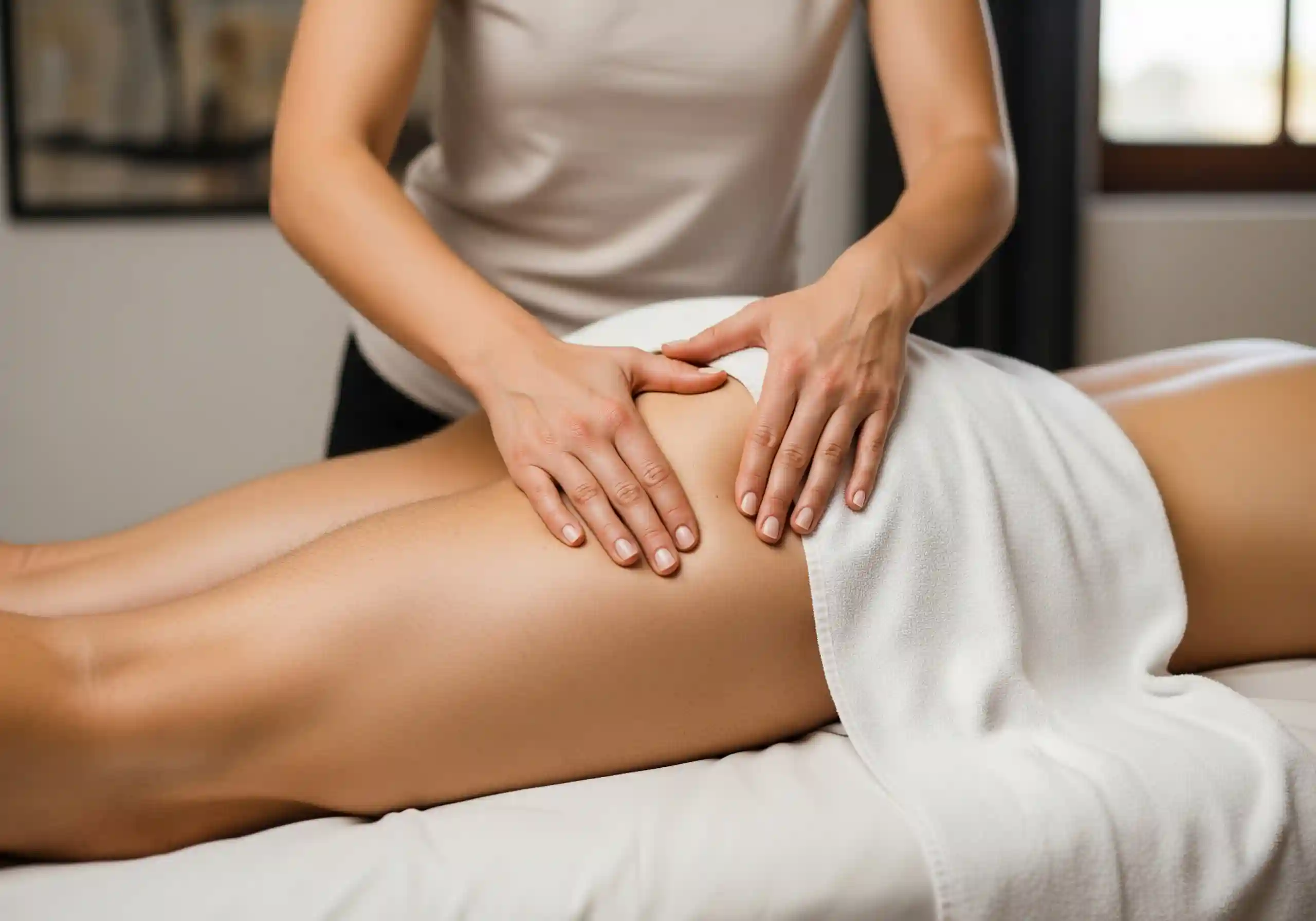 Therapist giving a leg and calf massage to a client on a hotel bed.