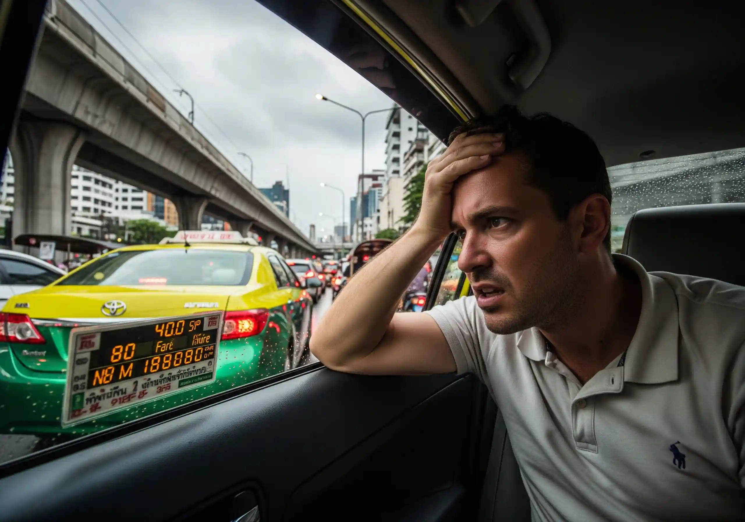 A split image showing traffic jam on one side and a relaxing hotel room on the other.