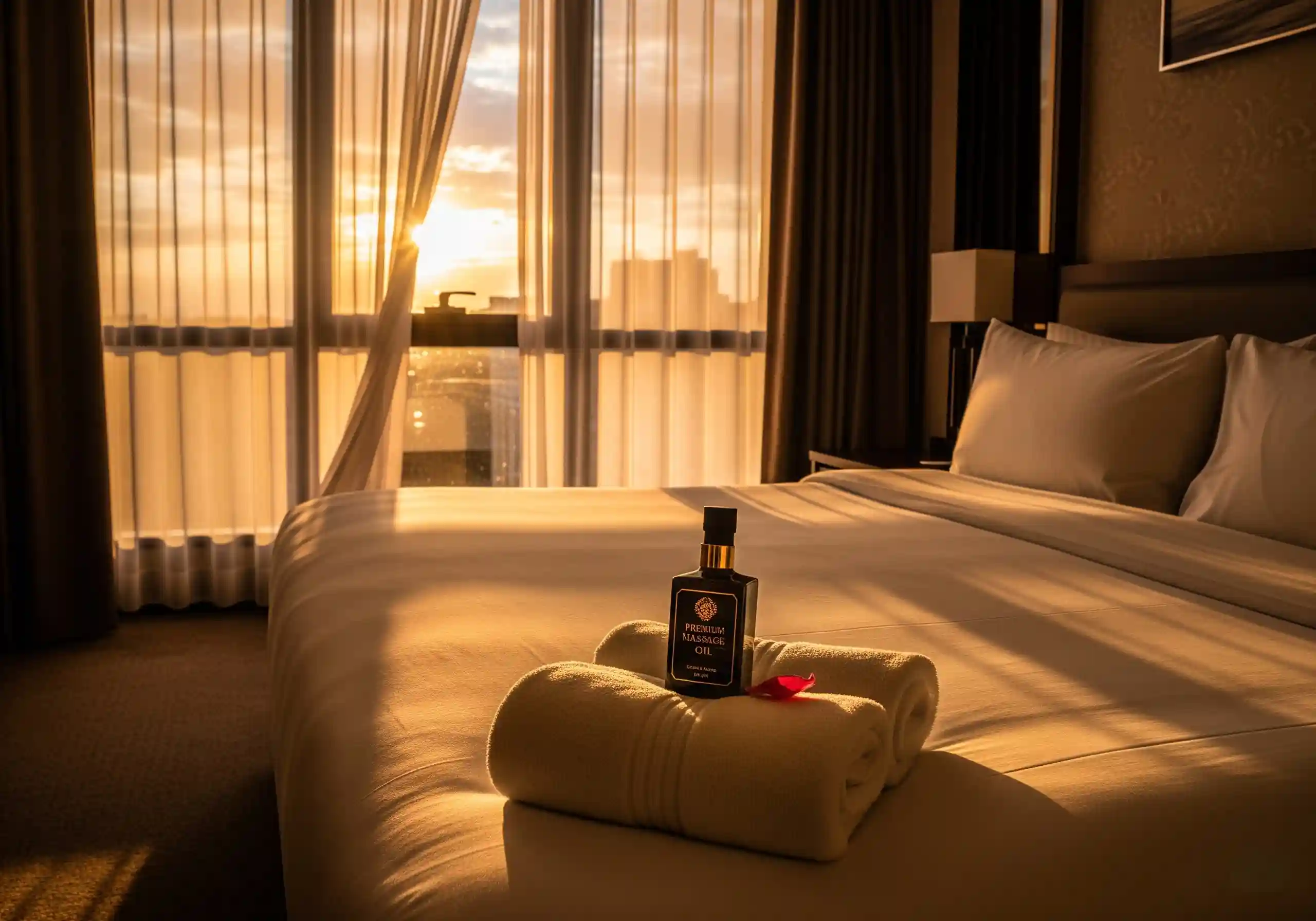Massage setup with towels and oil on a hotel bed in a warm, inviting room.