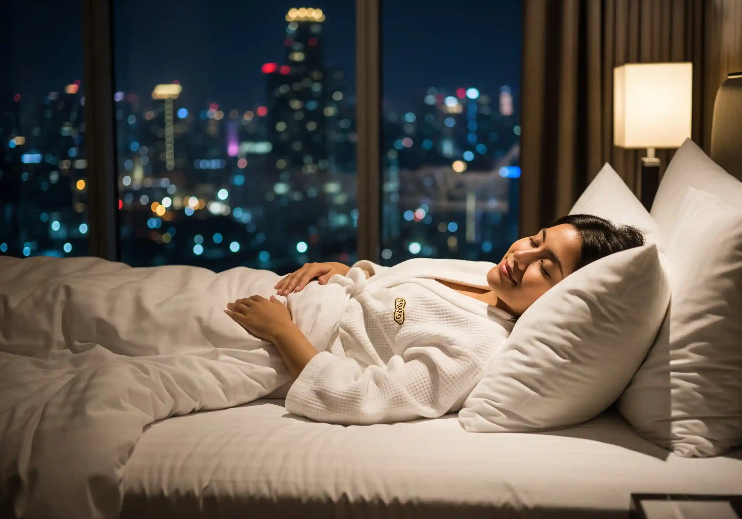 A person sleeping peacefully in a comfortable hotel bed after a massage, with the city lights in the background.