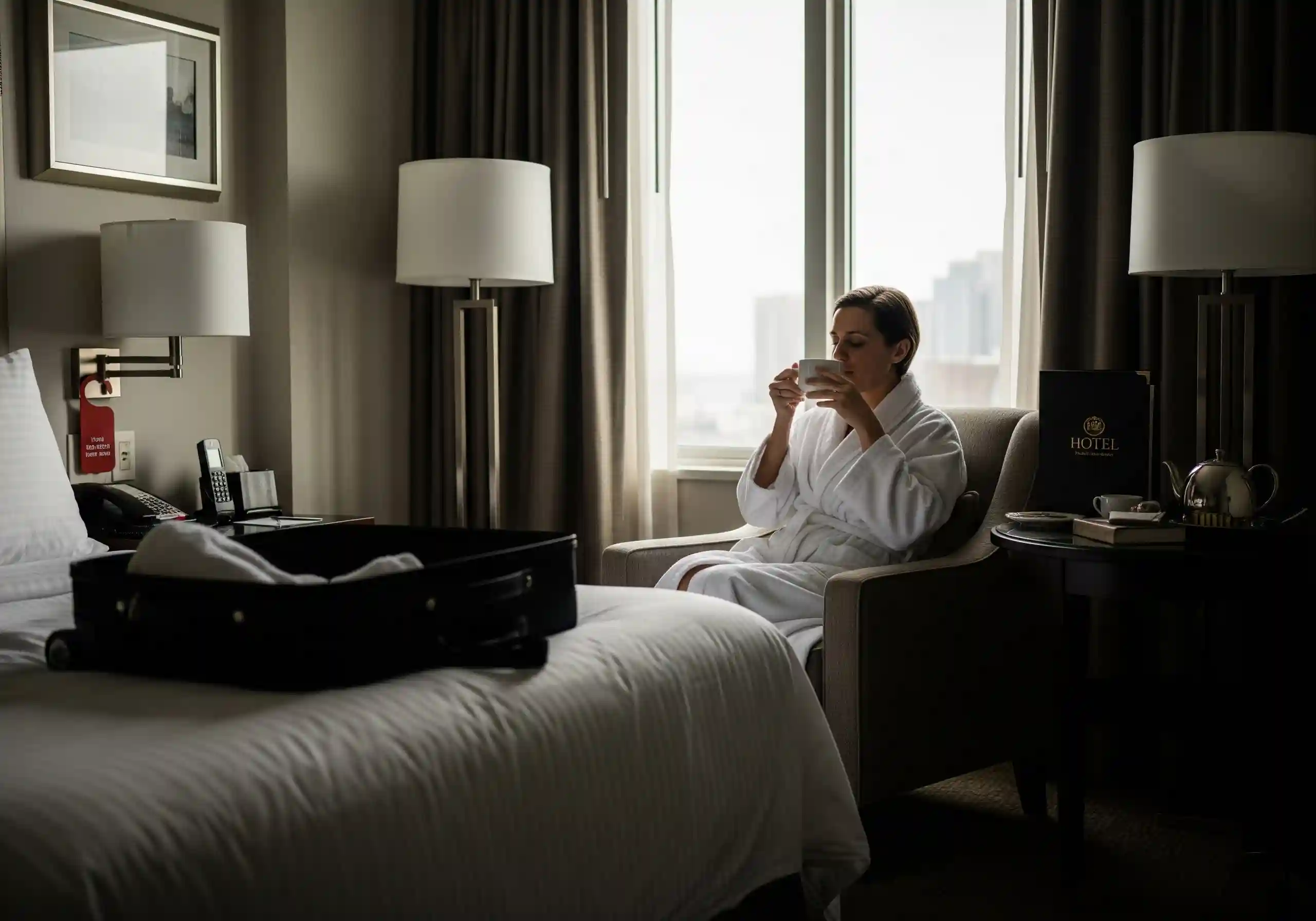 A savvy traveler relaxing on a hotel balcony overlooking the Bangkok skyline.