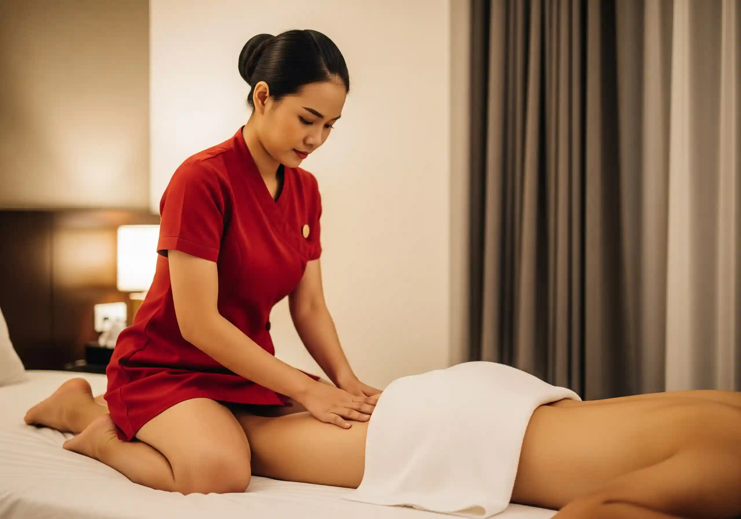 Therapist giving a leg and calf massage to a client on a hotel bed.