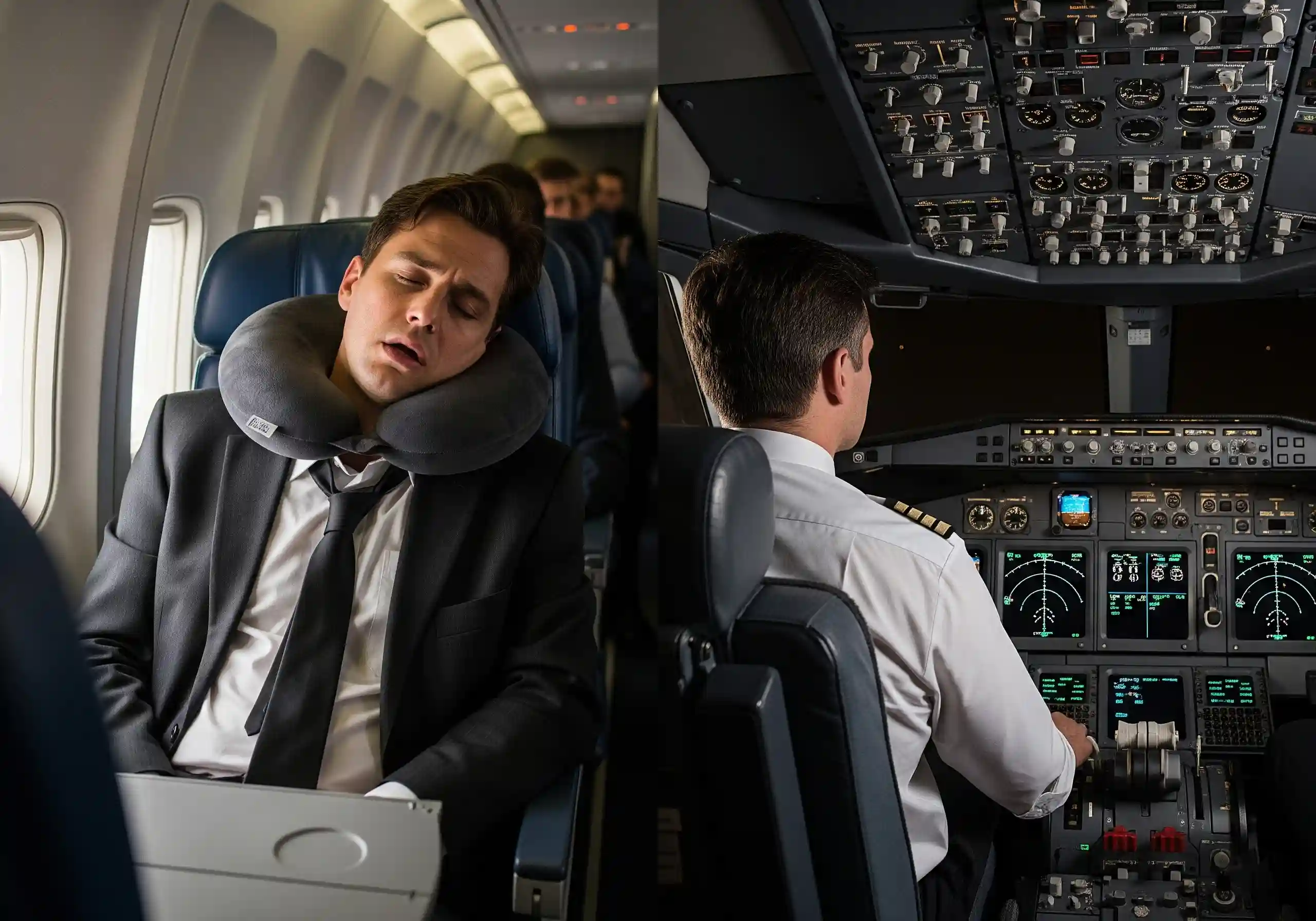 Split screen showing a traveler sleeping on a plane and a pilot in a cockpit.