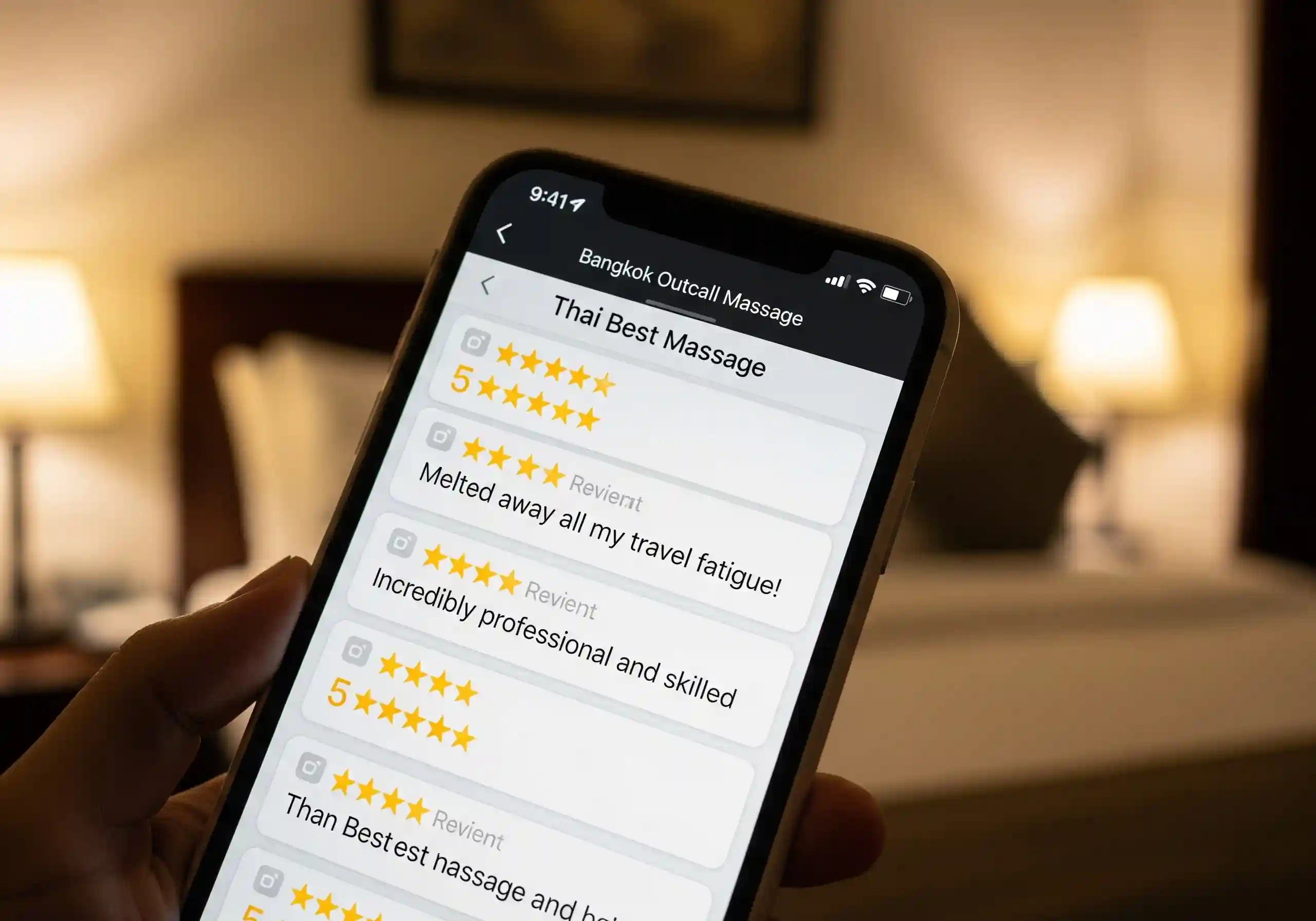 Smartphone screen showing a 5-star review for Thai Best Massage.