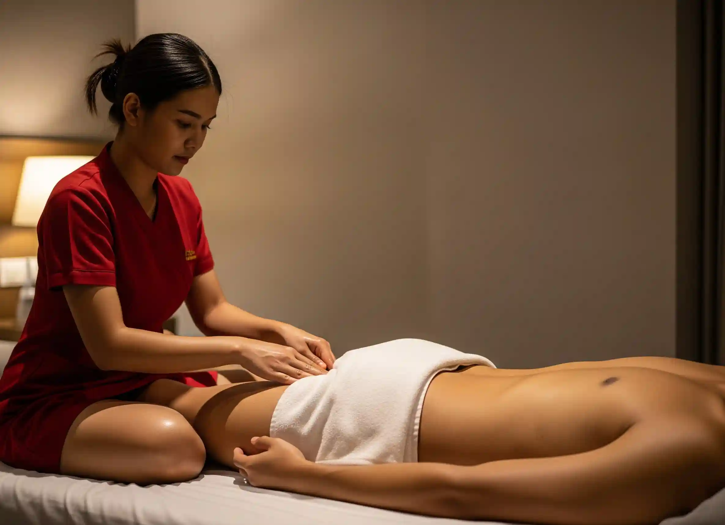 Thai Oil Massage on a hotel bed