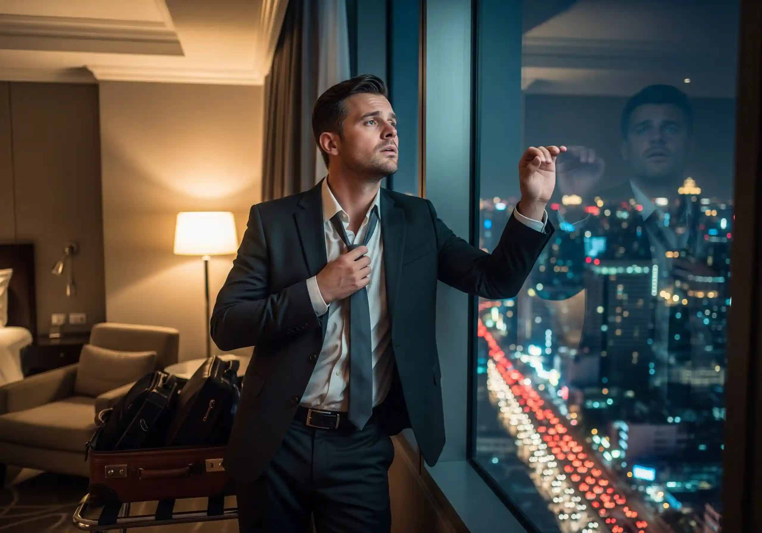 Exhausted business traveler looking out a hotel window at the Bangkok city lights.